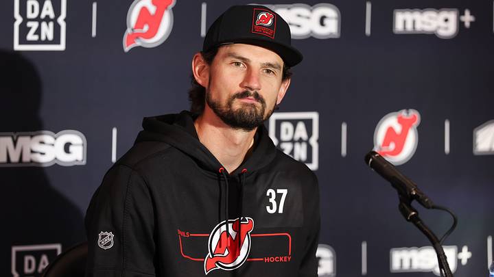 Connor Hellebuyck receives questions from the New Jersey Devils media Connor Hellebuyck receives questions from the New Jersey Devils media