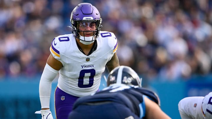 Nov 17, 2024; Nashville, Tennessee, USA; Minnesota Vikings linebacker Ivan Pace Jr. (0) sneaks a peak into the backfield against the Tennessee Titans during the second half at Nissan Stadium. Nov 17, 2024; Nashville, Tennessee, USA; Minnesota Vikings linebacker Ivan Pace Jr. (0) sneaks a peak into the backfield against the Tennessee Titans during the second half at Nissan Stadium.