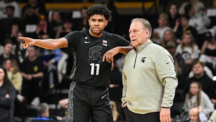 Mar 6, 2025; Iowa City, Iowa, USA; Michigan State Spartans head coach Tom Izzo talks with guard Jase Richardson (11) during the first half against the Iowa Hawkeyes at Carver-Hawkeye Arena. Mandatory Credit: Jeffrey Becker-Imagn Images