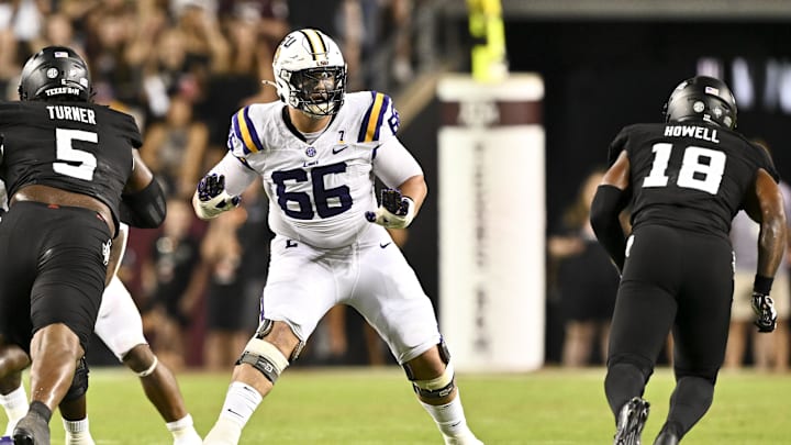 Oct 26, 2024; College Station, Texas, USA; LSU Tigers offensive tackle Will Campbell (66) in action during the second half against the Texas A&M Aggies. The Aggies defeated the Tigers 38-23; at Kyle Field. Mandatory Credit: Maria Lysaker-Imagn Images.  
