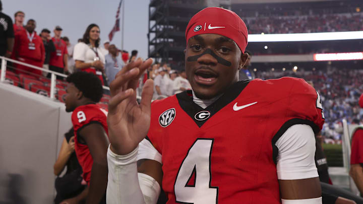 Oct 18, 2025; Athens, Georgia, USA; Georgia Bulldogs defensive back Kj Bolden (4) after the game against the Mississippi Rebels at Sanford Stadium. Mandatory Credit: Brett Davis-Imagn Images