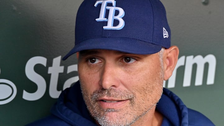 Sep 13, 2025; Chicago, Illinois, USA; Tampa Bay Rays manager Kevin Cash (16) answers questions from the media prior to a game against the Chicago Cubs at Wrigley Field. Sep 13, 2025; Chicago, Illinois, USA; Tampa Bay Rays manager Kevin Cash (16) answers questions from the media prior to a game against the Chicago Cubs at Wrigley Field.