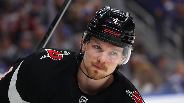 Apr 6, 2026; Buffalo, New York, USA;  Buffalo Sabres defenseman Bowen Byram (4) during a stoppage in play against the Tampa Bay Lightning at KeyBank Center. Mandatory Credit: Timothy T. Ludwig-Imagn Images