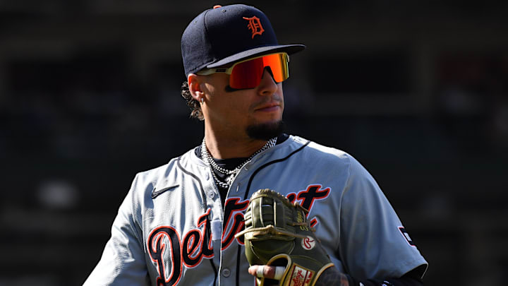 Aug 22, 2024; Chicago, Illinois, USA; Detroit Tigers shortstop Javier Baez (28) is seen during the eighth inning against the Chicago Cubs at Wrigley Field