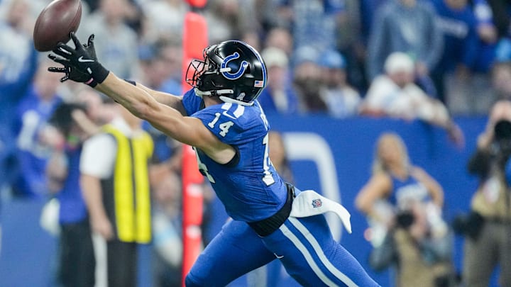 A pass intended for Indianapolis Colts wide receiver Alec Pierce (14) goes incomplete Sunday, Nov. 24, 2024, during a game against the Detroit Lions at Lucas Oil Stadium in Indianapolis.