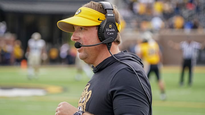 Oct 22, 2022; Columbia, Missouri, USA; Missouri Tigers head coach Eli Drinkwitz on the sidelines against the Vanderbilt Commodores during the first half of the game at Faurot Field at Memorial Stadium. Oct 22, 2022; Columbia, Missouri, USA; Missouri Tigers head coach Eli Drinkwitz on the sidelines against the Vanderbilt Commodores during the first half of the game at Faurot Field at Memorial Stadium.