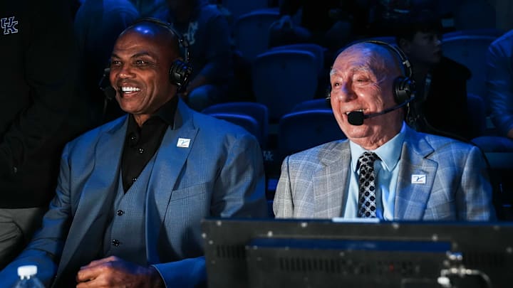 ESPN announcer Dick Vitale with analyst Charles Barkley before the Indiana-Kentucky men's college basketball game at Rupp Arena in Lexington, Kentucky December 13, 2025.