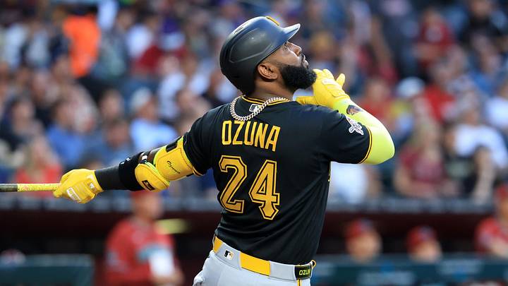 May 6, 2026; Phoenix, Arizona, USA; Pittsburgh Pirates designated hitter Marcell Ozuna against the Arizona Diamondbacks at Chase Field. Mandatory Credit: Mark J. Rebilas-Imagn Images