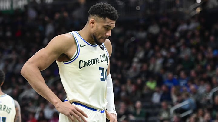 Jan 13, 2026; Milwaukee, Wisconsin, USA; Milwaukee Bucks forward Giannis Antetokounmpo (34) reacts in the second quarter against the Minnesota Timberwolves at Fiserv Forum. Mandatory Credit: Benny Sieu-Imagn Images