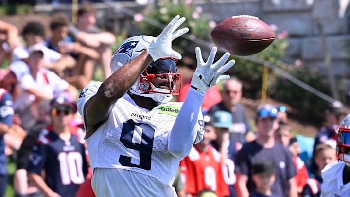 Jul 28, 2025; Foxborough, MA, USA; New England Patriots wide receiver Kayshon Boutte (9) makes a catch during training camp at Gillette Stadium. Mandatory Credit: Eric Canha-Imagn Images