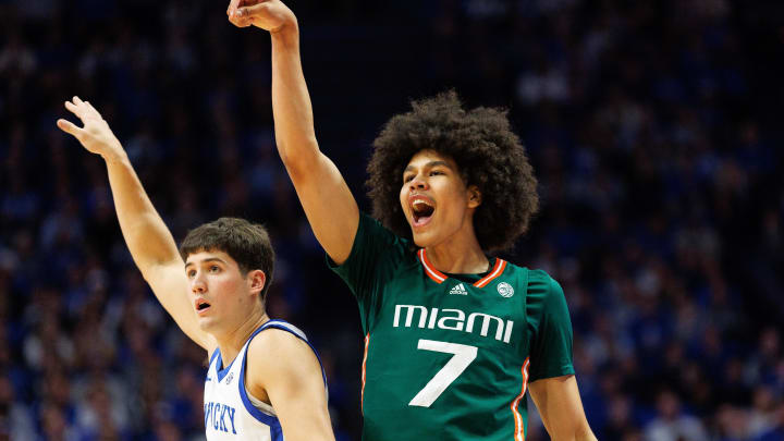 Nov 28, 2023; Lexington, Kentucky, USA; Miami (Fl) Hurricanes guard Kyshawn George (7) reacts after making a basket during the first half against the Kentucky Wildcats at Rupp Arena at Central Bank Center. Mandatory Credit: Jordan Prather-USA TODAY Sports