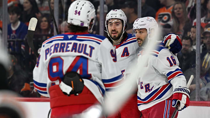 Mar 9, 2026; Philadelphia, Pennsylvania, USA; New York Rangers center Mika Zibanejad (93) celebrates his goal with right wing Gabe Perreault (94) and center Vincent Trocheck (16) against the Philadelphia Flyers during the second period at Xfinity Mobile Arena. Mandatory Credit: Eric Hartline-Imagn Images