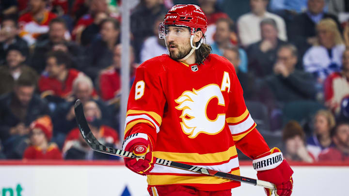 Jan 18, 2024; Calgary, Alberta, CAN; Calgary Flames defenseman Chris Tanev (8) against the Toronto