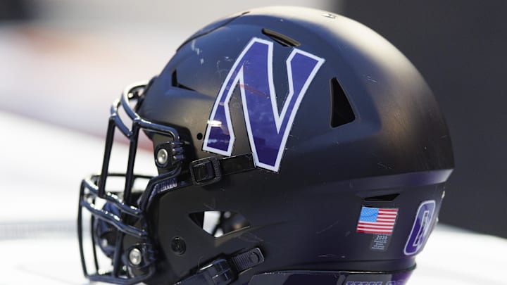 A general view of a Northwestern Wildcats helmet.