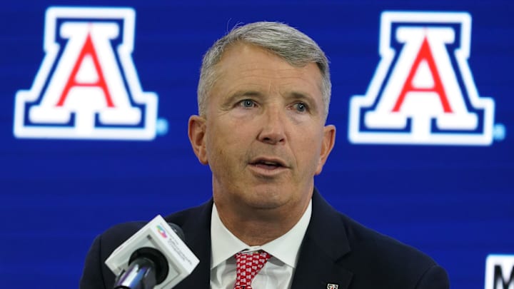 Jul 9, 2025; Frisco, TX, USA; Arizona head coach Brent Brennan speaks with the media during 2025 Big 12 Football Media Days at The Star. Mandatory Credit: Raymond Carlin III-Imagn Images