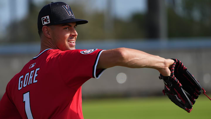 Former Washington Nationals pitcher MacKenzie Gore (1) warms up before Spring Training activities.