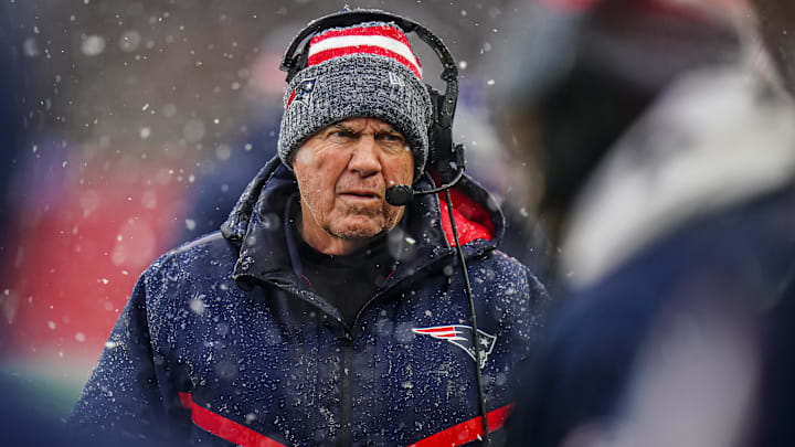 Jan 7, 2024; Foxborough, Massachusetts, USA; New England Patriots head coach Bill Belichick watches from the sideline as they take on the New York Jets at Gillette Stadium. Jan 7, 2024; Foxborough, Massachusetts, USA; New England Patriots head coach Bill Belichick watches from the sideline as they take on the New York Jets at Gillette Stadium.