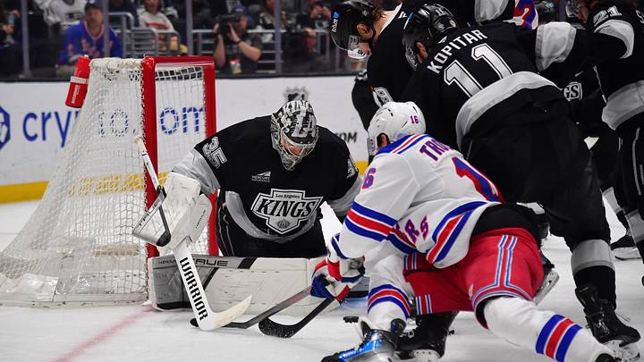 Mar 25, 2025; Los Angeles, California, USA; Los Angeles Kings goaltender Darcy Kuemper (35) defends the goal against New York Rangers center Vincent Trocheck (16) during the third period at Crypto.com Arena. Mandatory Credit: Gary A. Vasquez-Imagn Images Mar 25, 2025; Los Angeles, California, USA; Los Angeles Kings goaltender Darcy Kuemper (35) defends the goal against New York Rangers center Vincent Trocheck (16) during the third period at Crypto.com Arena. Mandatory Credit: Gary A. Vasquez-Imagn Images
