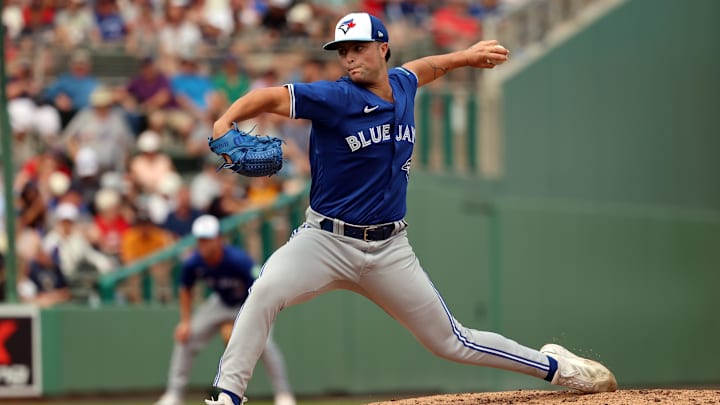 Mar 3, 2024: Toronto Blue Jays pitcher Mason Fluharty (84) throws a pitch during the third inning against the Boston Red Sox at JetBlue Park at Fenway South. 