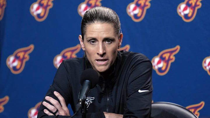 Aug 31, 2025; San Francisco, California, USA; Indiana Fever head coach Stephanie White talks to media members before the game against the Golden State Valkyries at Chase Center. Mandatory Credit: Darren Yamashita-Imagn Images