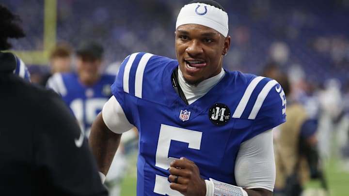 Oct 5, 2025; Indianapolis, Indiana, USA; Indianapolis Colts quarterback Anthony Richardson (5) walks off the field after their win against the Las Vegas Raiders at Lucas Oil Stadium. 