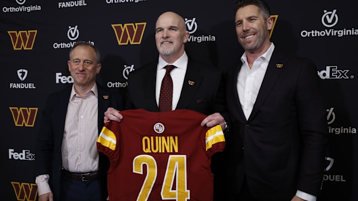 Feb 5, 2024; Ashburn, VA, USA; Washington Commanders head coach Dan Quinn (M) poses for a picture Feb 5, 2024; Ashburn, VA, USA; Washington Commanders head coach Dan Quinn (M) poses for a picture