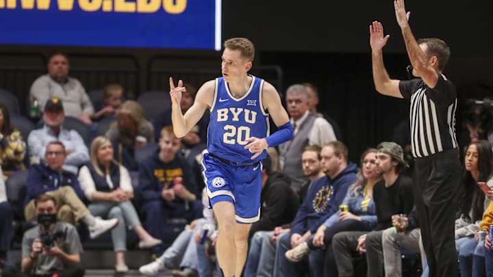 Feb 3, 2024; Morgantown, West Virginia, USA; Brigham Young Cougars guard Spencer Johnson (20).