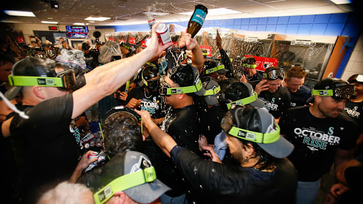 Seattle Mariners players celebrate after beating the Toronto Blue Jays in an American League Wild Card series on Oct. 8, 2022, at Rogers Centre. Seattle Mariners players celebrate after beating the Toronto Blue Jays in an American League Wild Card series on Oct. 8, 2022, at Rogers Centre.