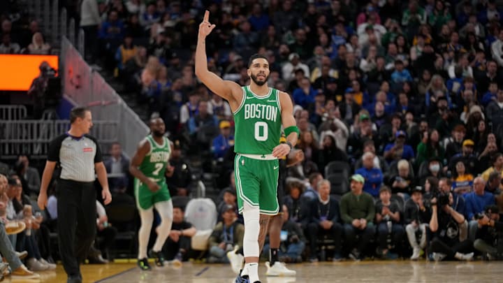 Jan 20, 2025; San Francisco, California, USA; Boston Celtics forward Jayson Tatum (0) reacts after the Celtics made a three point basket against the Golden State Warriors in the third quarter at the Chase Center. Mandatory Credit: Cary Edmondson-Imagn Images