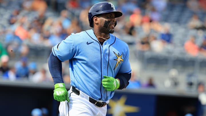 Feb 27, 2026; Port Charlotte, Florida, USA; Tampa Bay Rays first baseman Yandy Diaz (2) singles during the second inning against the Toronto Blue Jays at Charlotte Sports Park. 