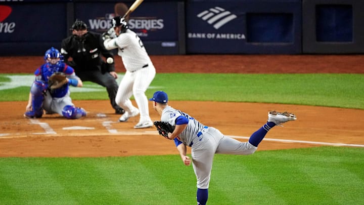 Oct 30, 2024; New York, New York, USA; Los Angeles Dodgers pitcher Jack Flaherty (0) pitches during the first inning against the Los Angeles Dodgers in game four of the 2024 MLB World Series at Yankee Stadium. Mandatory Credit: Robert Deutsch-Imagn Images Oct 30, 2024; New York, New York, USA; Los Angeles Dodgers pitcher Jack Flaherty (0) pitches during the first inning against the Los Angeles Dodgers in game four of the 2024 MLB World Series at Yankee Stadium. Mandatory Credit: Robert Deutsch-Imagn Images