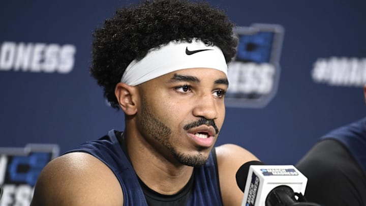 Mar 19, 2026; San Diego, CA, USA; Cal Baptist guard Dominique Daniels Jr. (1) speaks at a press conference ahead of the first round of the men's 2026 NCAA Tournament at Viejas Arena. Mandatory Credit: Denis Poroy-Imagn Images Mar 19, 2026; San Diego, CA, USA; Cal Baptist guard Dominique Daniels Jr. (1) speaks at a press conference ahead of the first round of the men's 2026 NCAA Tournament at Viejas Arena. Mandatory Credit: Denis Poroy-Imagn Images