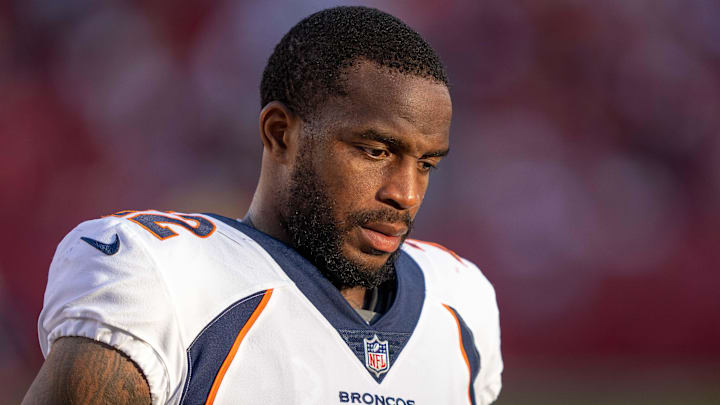 August 19, 2023; Santa Clara, California, USA; Denver Broncos safety Kareem Jackson (22) during halftime against the San Francisco 49ers at Levi's Stadium. August 19, 2023; Santa Clara, California, USA; Denver Broncos safety Kareem Jackson (22) during halftime against the San Francisco 49ers at Levi's Stadium.