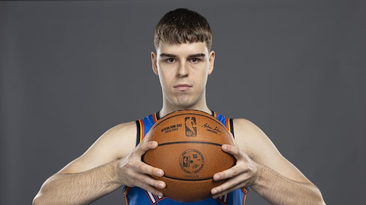 Sep 29, 2025; Oklahoma City, OK, USA; Oklahoma City Thunder guard Nikola Topic (44) poses for a photo during the 2025 Oklahoma City Thunder media day at Paycom Center. Mandatory Credit: Alonzo Adams-Imagn Images