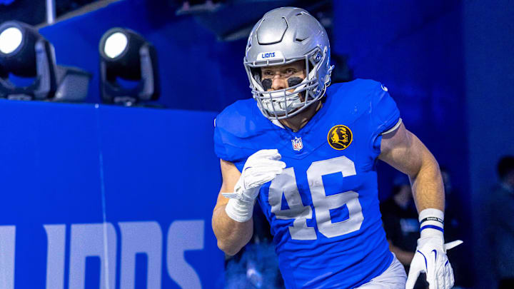 Nov 27, 2025; Detroit, Michigan, USA; Detroit Lions linebacker Jack Campbell (46) runs onto the field prior to the game against the Green Bay Packers at Ford Field. Mandatory Credit: David Reginek-Imagn Images