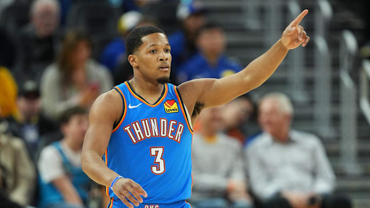 Jan 2, 2026; San Francisco, California, USA; Oklahoma City Thunder guard Chris Youngblood (3) during the fourth quarter against the Golden State Warriors at Chase Center. Mandatory Credit: Darren Yamashita-Imagn Images