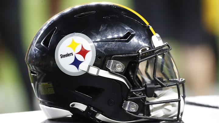 Aug 9, 2024; Pittsburgh, Pennsylvania, USA;  A Pittsburgh Steelers helmet sits on an equipment trunk during the game against the Houston Texans during the fourth quarter at Acrisure Stadium.  