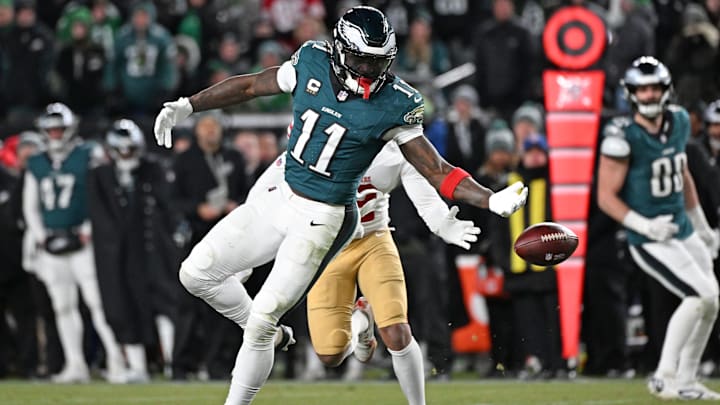 Jan 11, 2026; Philadelphia, PA, USA; Philadelphia Eagles wide receiver A.J. Brown (11) can't make catch during the fourth quarter against the San Francisco 49ers  in an NFC Wild Card Round game at Lincoln Financial Field. Mandatory Credit: Eric Hartline-Imagn Images