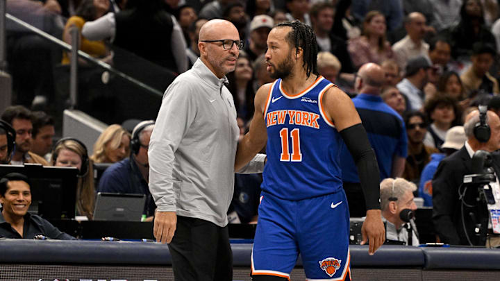 Nov 27, 2024; Dallas, Texas, USA; Dallas Mavericks head coach Jason Kidd and New York Knicks guard Jalen Brunson (11) during the game between the Dallas Mavericks and the New York Knicks at the American Airlines Center. Mandatory Credit: Jerome Miron-Imagn Images