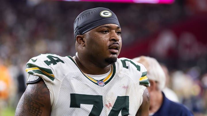 Oct 19, 2025; Glendale, Arizona, USA; Green Bay Packers center Elgton Jenkins (74) against the Arizona Cardinals at State Farm Stadium. Mandatory Credit: Mark J. Rebilas-Imagn Images