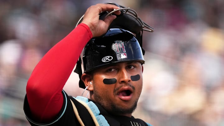 Arizona Diamondbacks catcher Gabriel Moreno (14) steps up behind the plate against the Seattle Mariners at Salt River Fields on March 9, 2026.