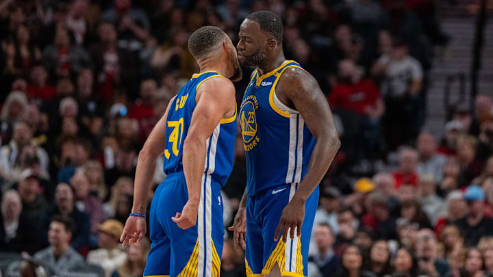 Oct 23, 2024; Portland, Oregon, USA; Golden State Warriors point guard Stephen Curry (30) and power forward Draymond Green (23) celebrate during the second half against the Portland Trailblazers at Moda Center. Mandatory Credit: Stephen Brashear-Imagn Images Oct 23, 2024; Portland, Oregon, USA; Golden State Warriors point guard Stephen Curry (30) and power forward Draymond Green (23) celebrate during the second half against the Portland Trailblazers at Moda Center. Mandatory Credit: Stephen Brashear-Imagn Images