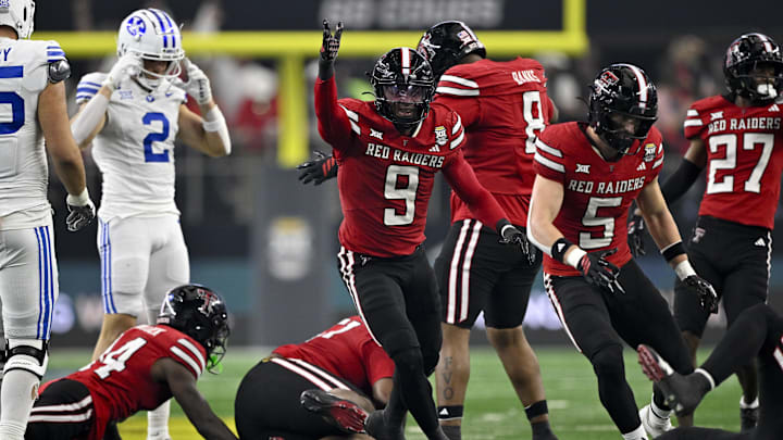 Dec 6, 2025; Arlington, TX, USA; Texas Tech Red Raiders linebacker Romello Height (9) celebrates after recovering a BYU Cougars fumble during the second half at AT&T Stadium. Mandatory Credit: Jerome Miron-Imagn Images