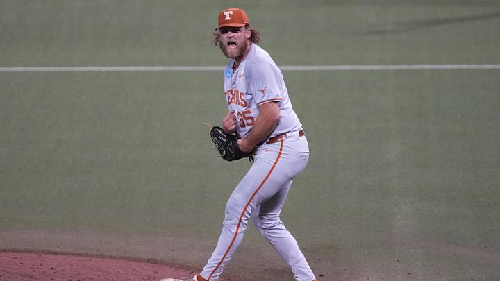 Texas Longhorns pitcher Sam Cozart celebrates a save to beat the Oregon Ducks and win the Austin Super Regional.