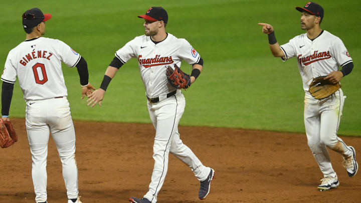 Aug 14, 2024; Cleveland, Ohio, USA; The Cleveland Guardians celebrate a win over the Chicago Cubs at Progressive Field. Mandatory Credit: David Richard-Imagn Images Aug 14, 2024; Cleveland, Ohio, USA; The Cleveland Guardians celebrate a win over the Chicago Cubs at Progressive Field. Mandatory Credit: David Richard-Imagn Images