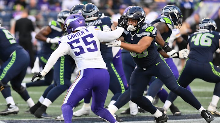 Aug 10, 2023; Seattle, Washington, USA; Seattle Seahawks tight end Tyler Mabry (85) blocks Minnesota Vikings linebacker Andre Carter II (55) during the game at Lumen Field.