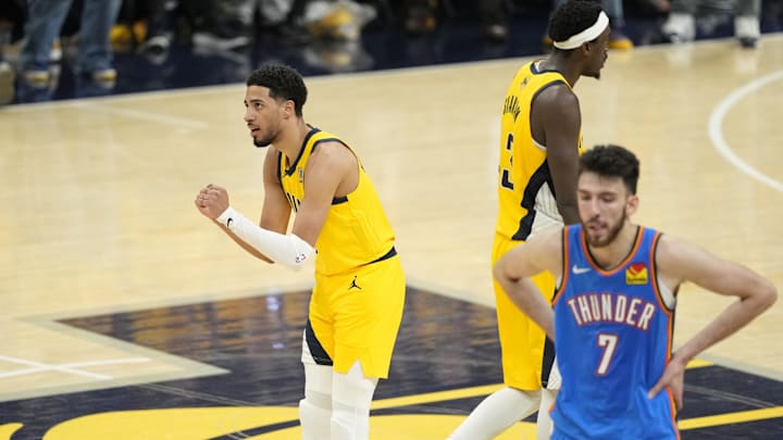 Indiana Pacers guard Tyrese Haliburton celebrates during Game 3 of the 2025 NBA Finals