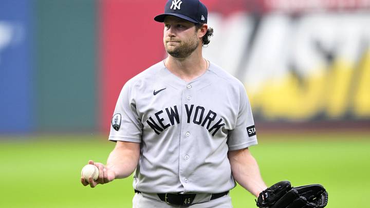 Gerrit Cole reacts in the first inning against the Cleveland Guardians at Progressive Field. 