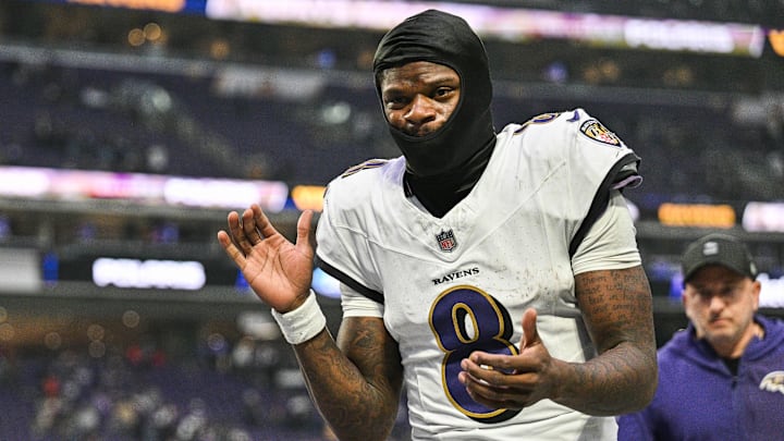 Nov 9, 2025; Minneapolis, Minnesota, USA; Baltimore Ravens quarterback Lamar Jackson (8) comes off the field after the game against the Minnesota Vikings at U.S. Bank Stadium. Mandatory Credit: Jeffrey Becker-Imagn Images