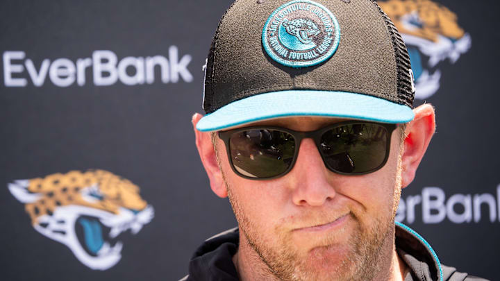 Jacksonville Jaguars head coach Liam Coen answers questions during a press conference after the fourth organized team activity at the Miller Electric Center in Jacksonville, Fla. Tuesday, May 27, 2025. [Doug Engle/Florida Times-Union]Jacksonville Jaguars during the fourth organized team activity at the Miller Electric Center in Jacksonville, Fla. Tuesday, May 27, 2025. [Doug Engle/Florida Times-Union]